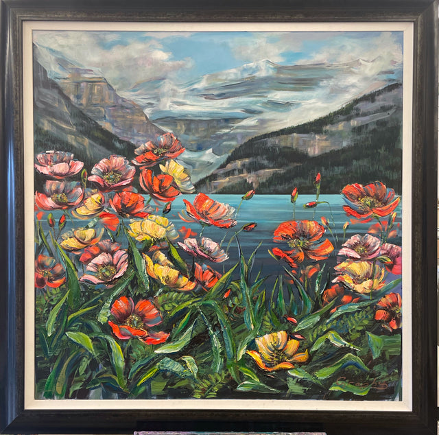 Poppies at Lake Louise II - Original Floral Mountain Painting 36x36