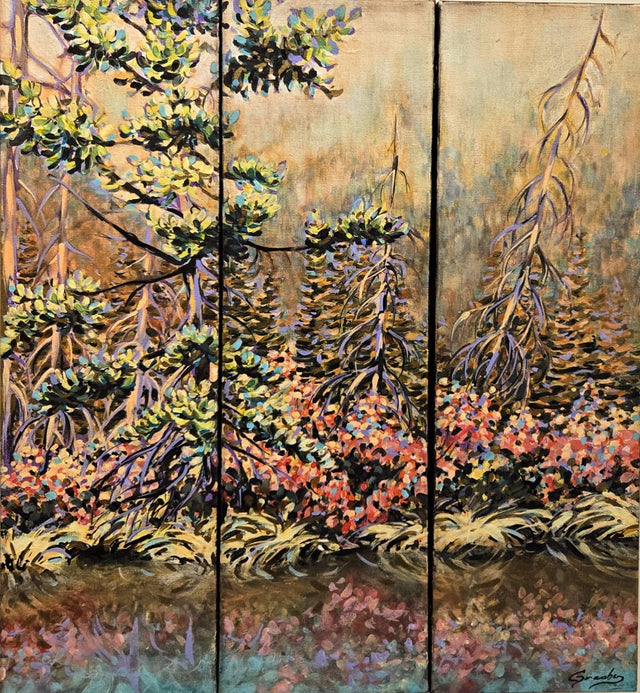 "Fall Plants at the Lorette Pond" | 18" x 24" | Acrylic Triptych on Canvas