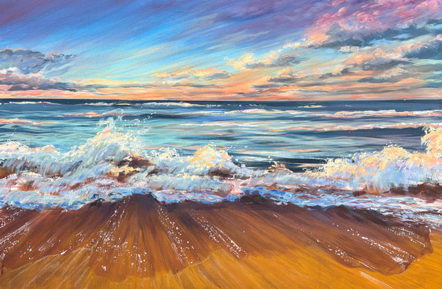 "Waves at Last Light" - 24" x 36" Original Acrylic Seascape Painting on Canvas