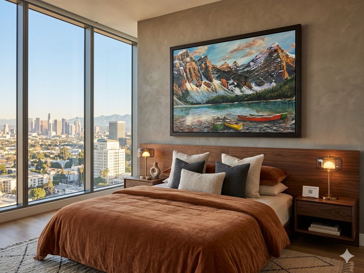 Canoes at Moraine Lake II by Teresa Grasby displayed in a luxury bedroom with cityscape view